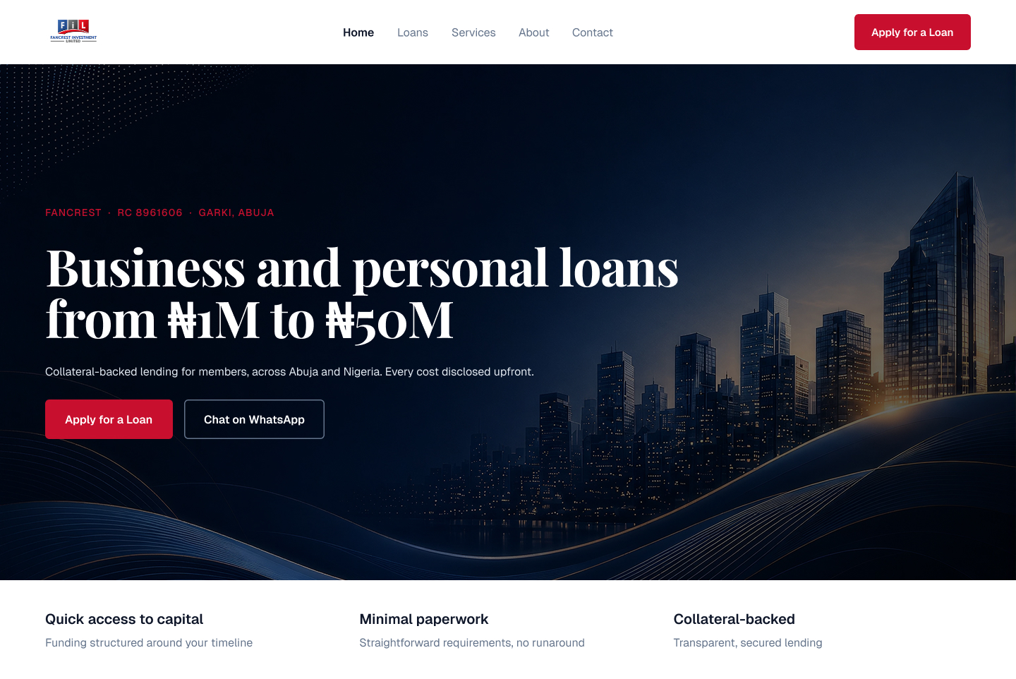 Fancrest financial-services website redesign, home page