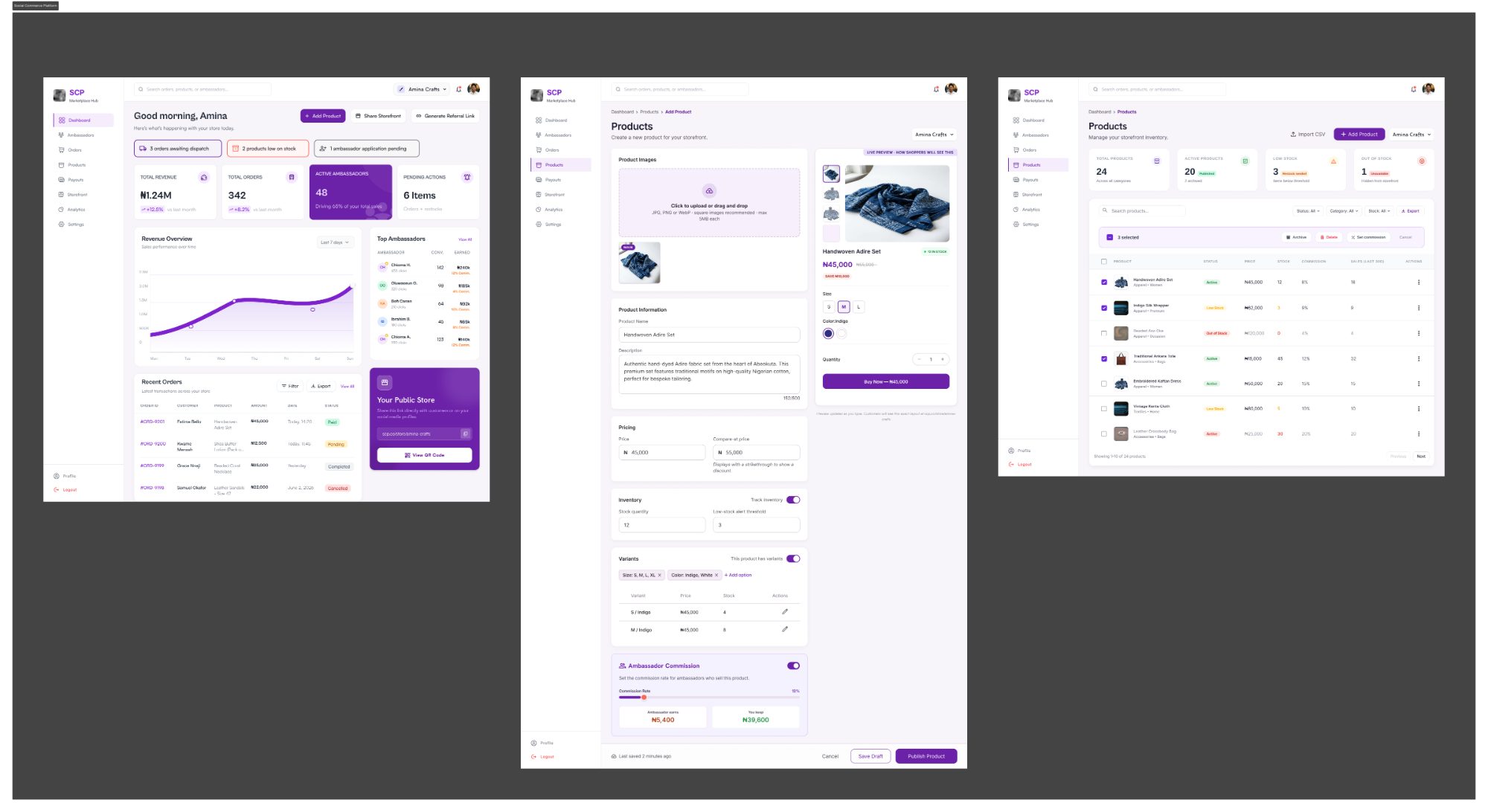Vendor dashboard interface for a social-commerce platform