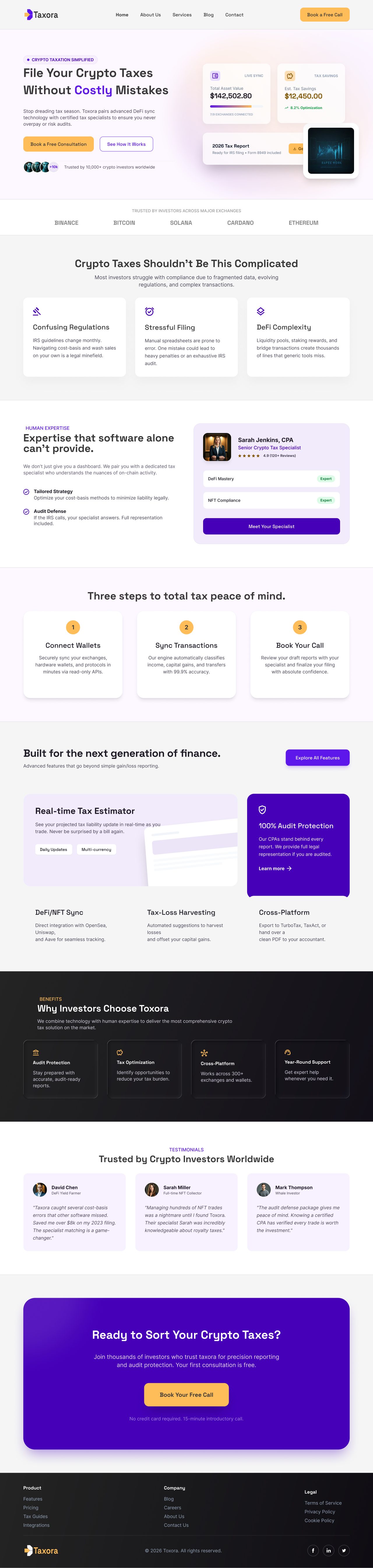 Taxora crypto-tax platform desktop interface